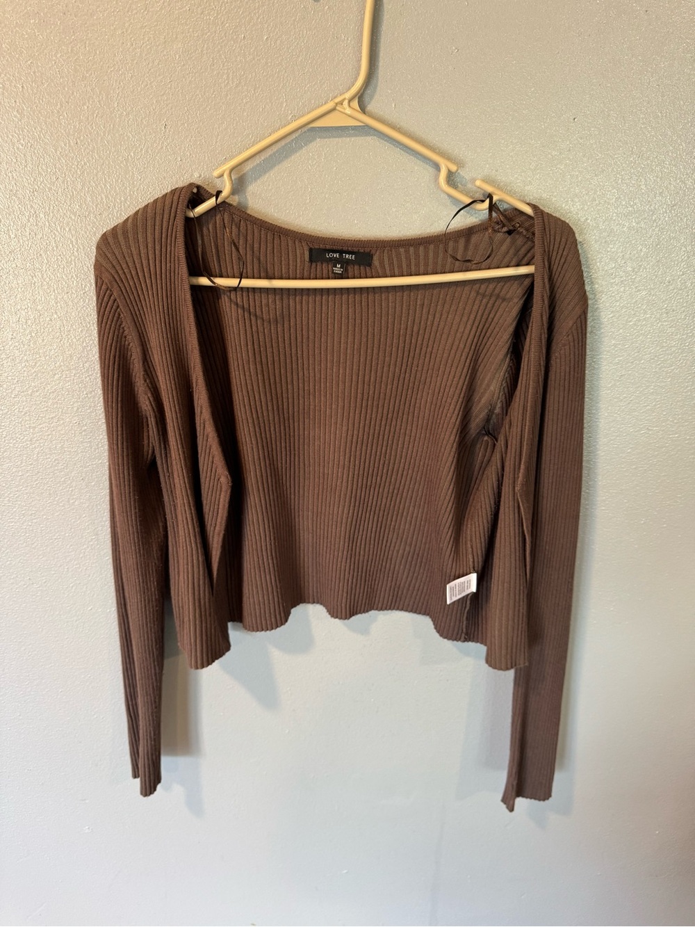 Love Tree Chocolate Ribbed Open-Front Cropped Cardigan